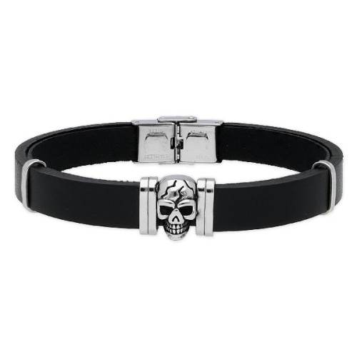 Pulsera calavera piel y acero - RB074BR