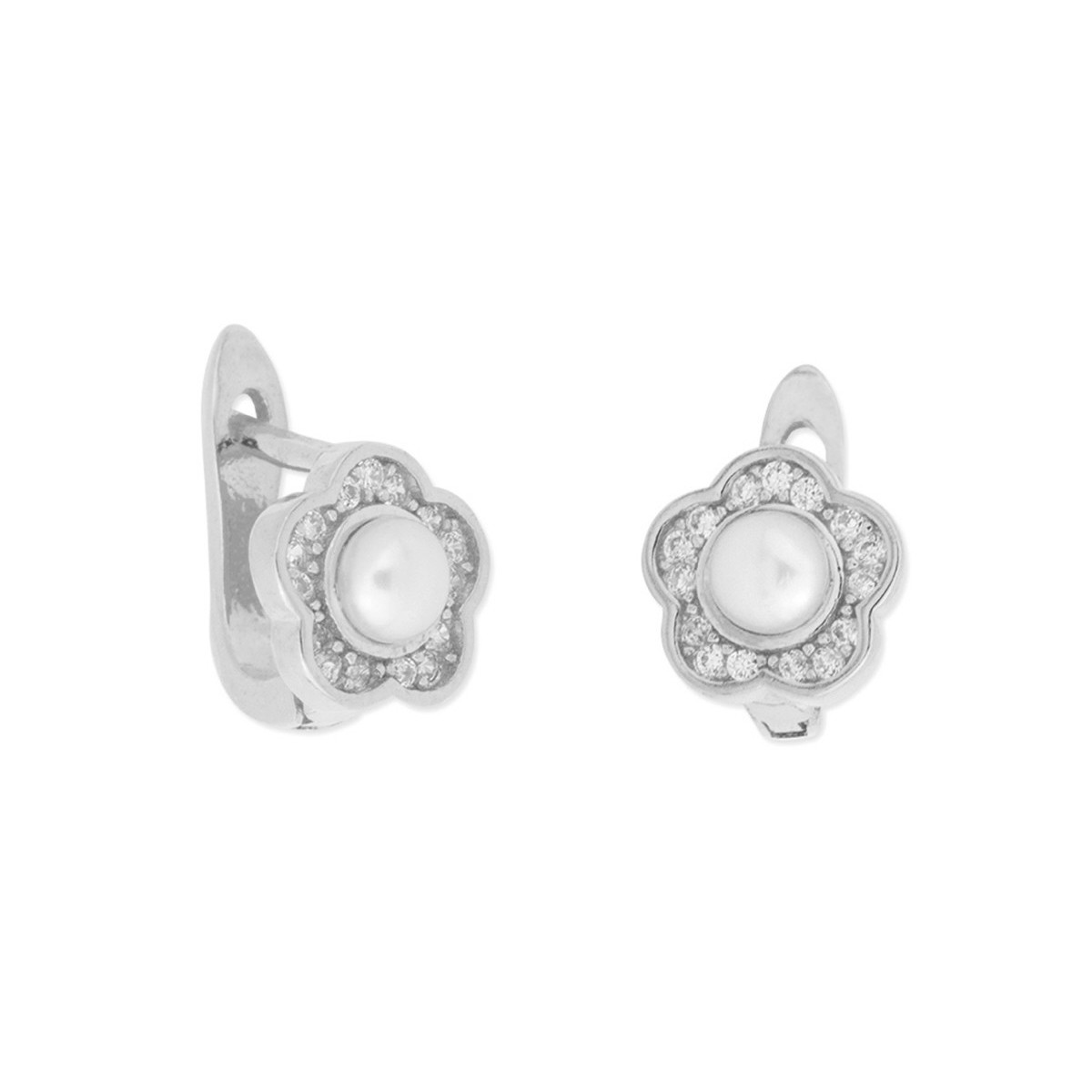Pendientes flor plata circonitas y perla - BAM013A