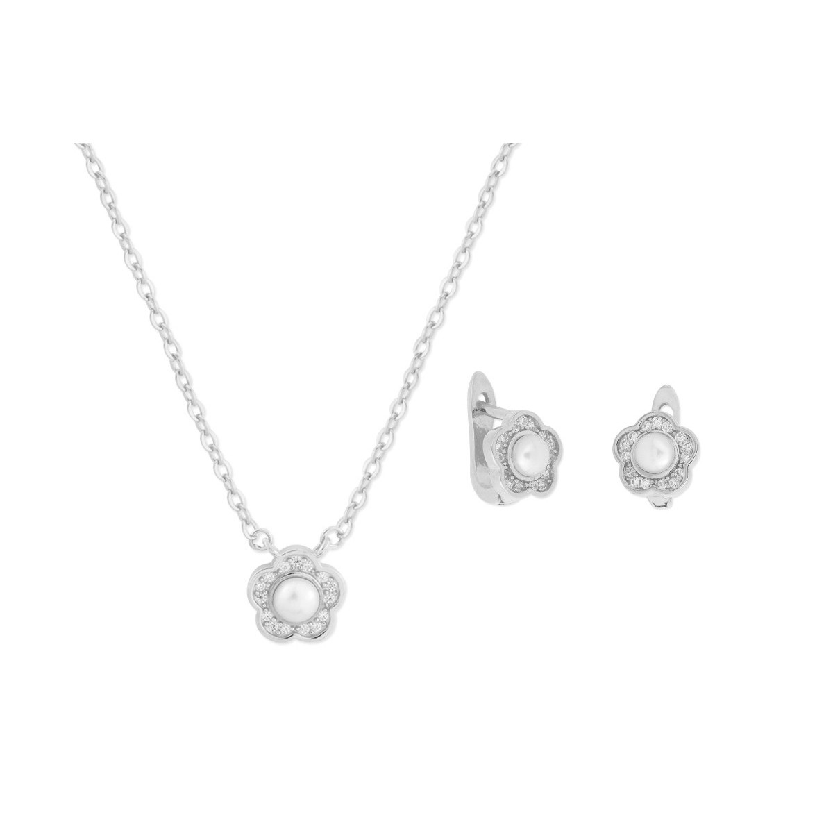 Conjunto flor plata, circonitas y perlas - BAM013C