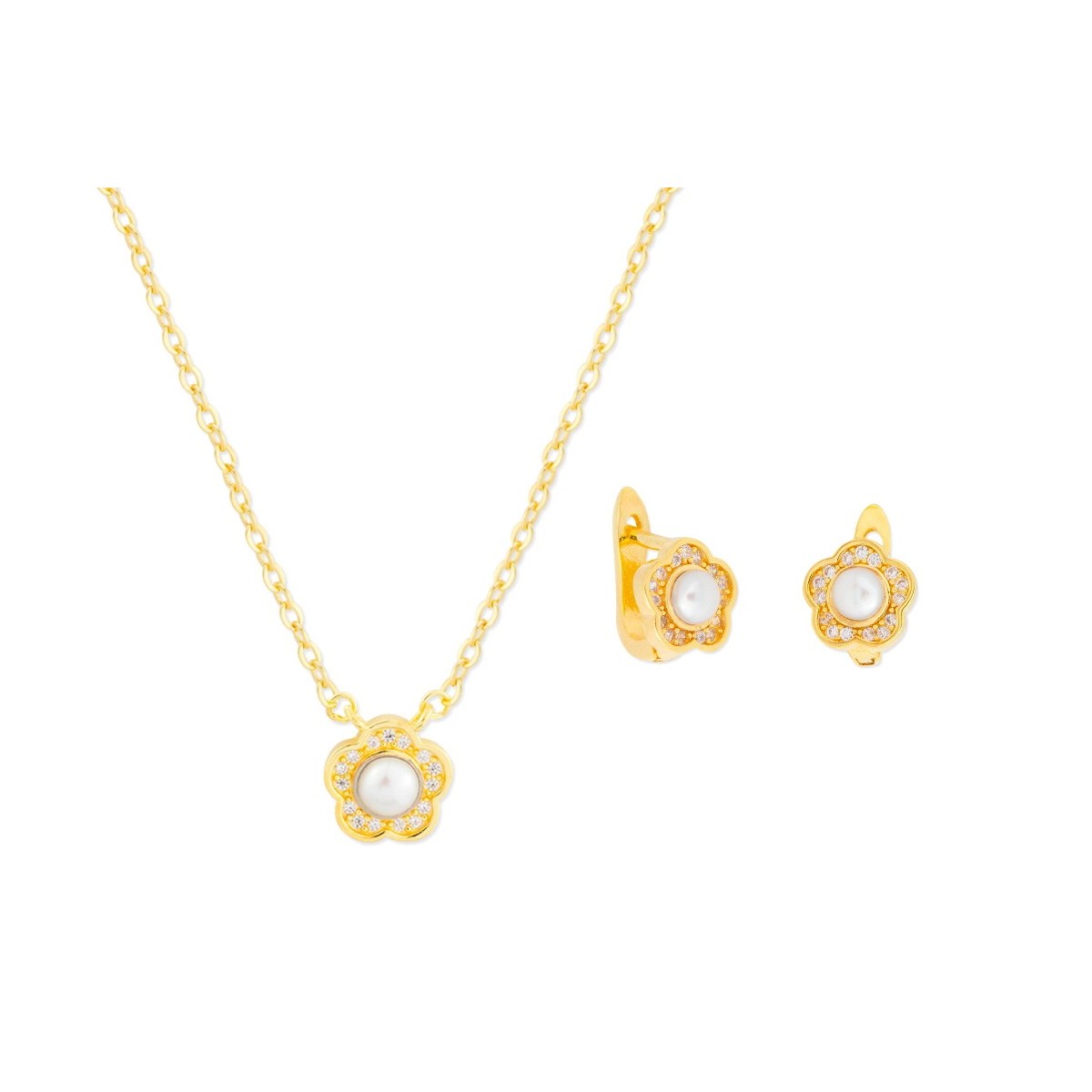 Conjunto flor plata, circonitas y perlas - BAM013C-D