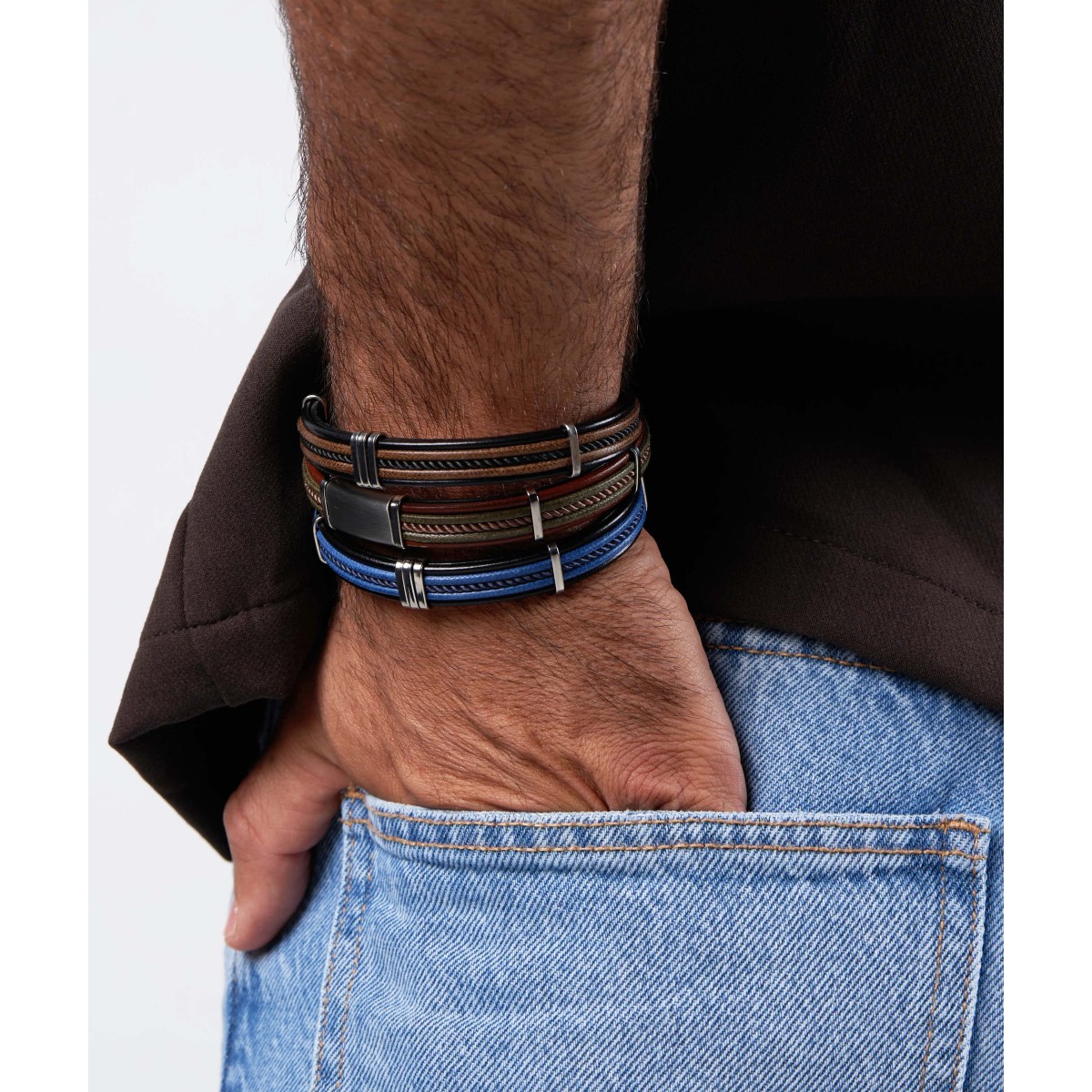 Pulsera acero y piel - 84BA1548