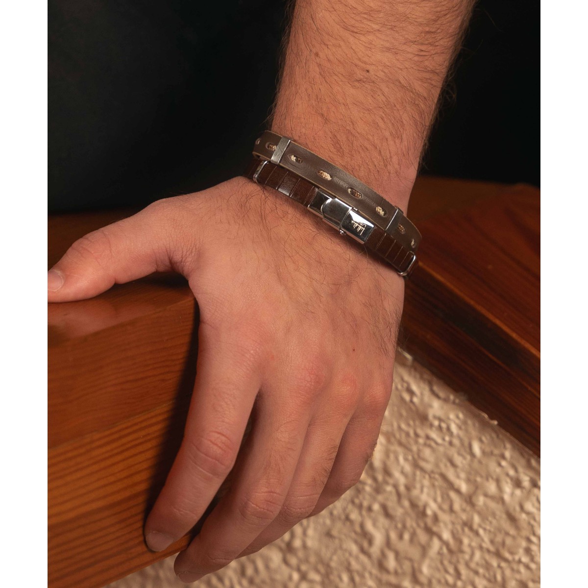 Pulsera acero, piel y curda náutika - NTK029BR-M