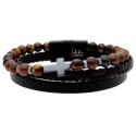 Pulsera piel, piedras y cruz acero - 87BR040-M