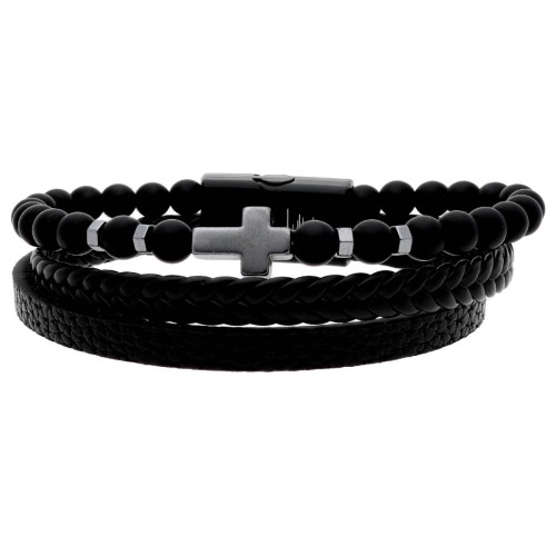 Pulsera piel, piedras y cruz acero - 87BR040-N