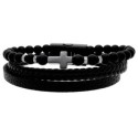 Pulsera piel, piedras y cruz acero - 87BR040-N