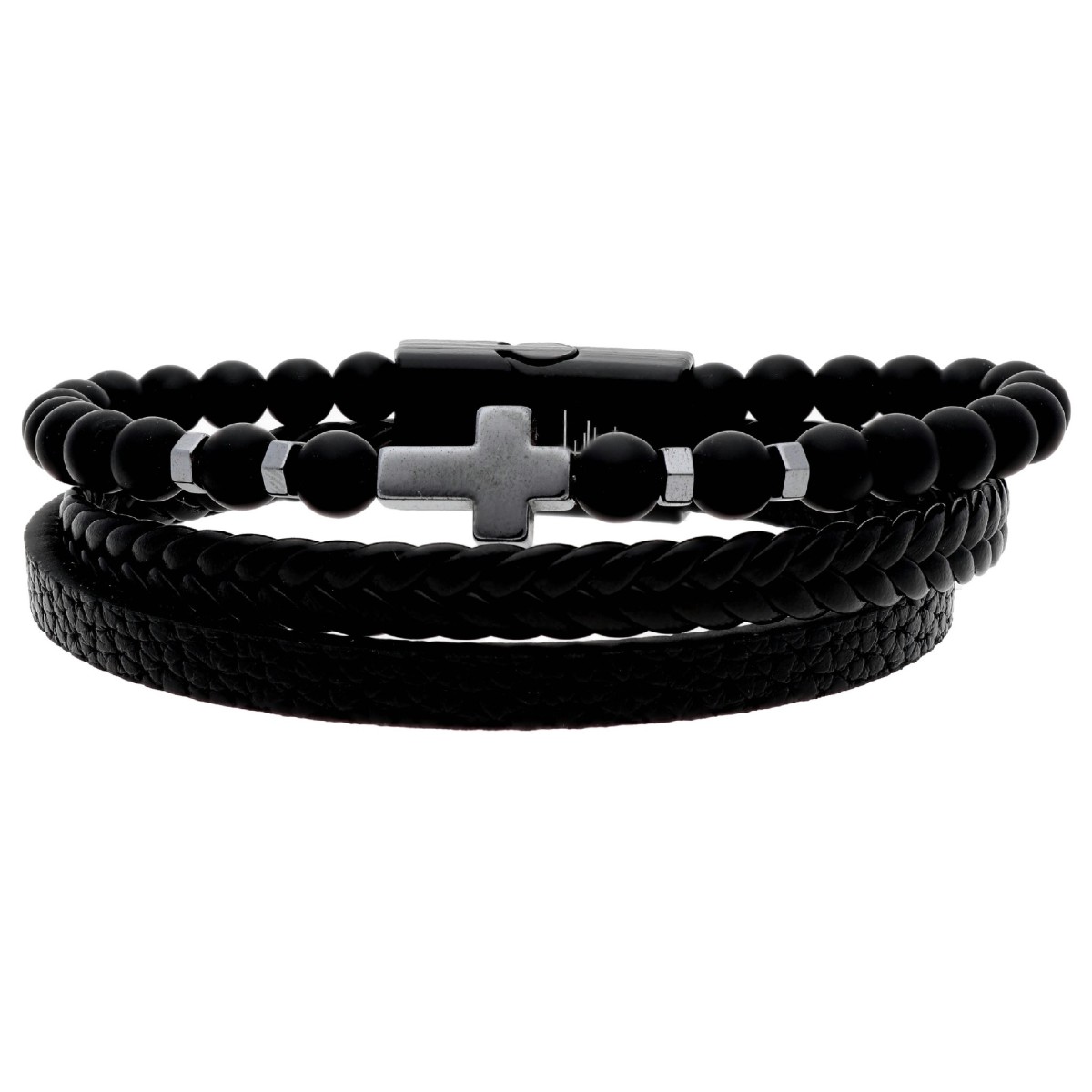 Pulsera piel, piedras y cruz acero - 87BR040-N
