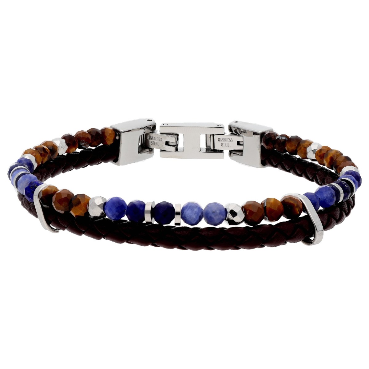 Pulsera acero,piel, sodalite y ojo tigre - BALI102-ST