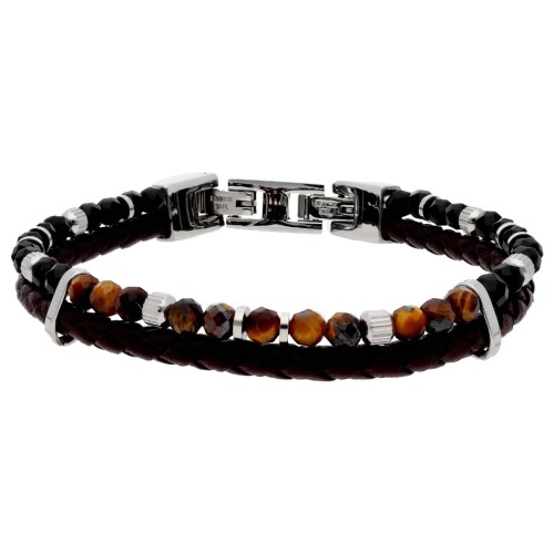 Pulsera acero, piel, ojo tigre y ónix - BALI102-TB