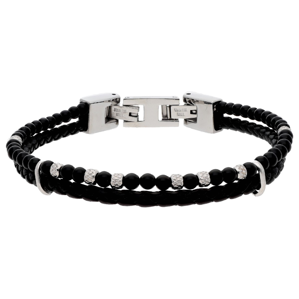 Pulsera acero,piel y ónix - BALI103
